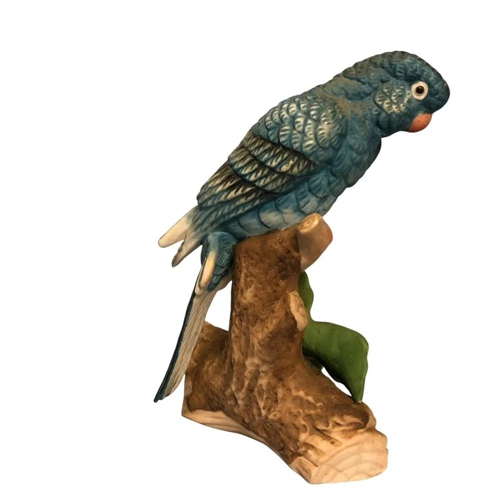 Porcelain‎ Ceramic Blue Parrot Bird Figurine Perched on Branch